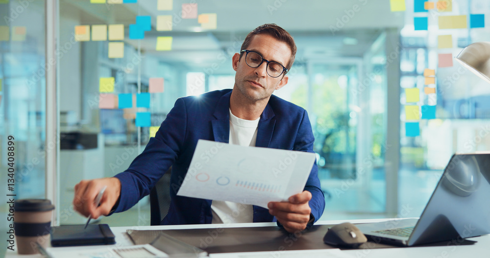 Poster businessman, documents and analysis with laptop for finance or company performance at office desk. m