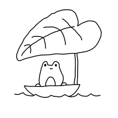 A cheerful frog relaxing under a large leaf while floating on the water.