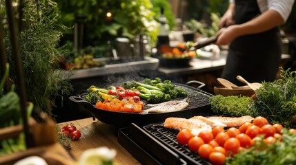 Obraz premium Grilling seasonal vegetables and fish during a vibrant outdoor demonstration