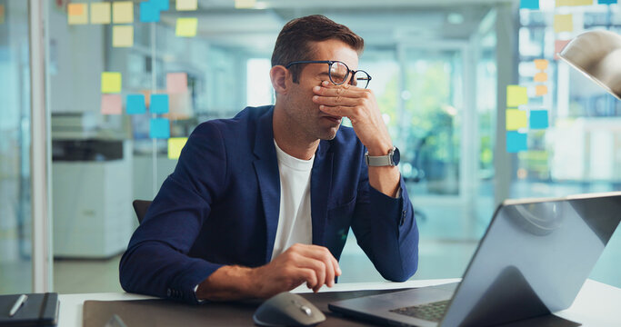 Business, man and laptop with eye strain headache for news publication deadline, article pressure and brain fog. Creative agency, journalist and glasses with migraine for burnout, overworked or tired