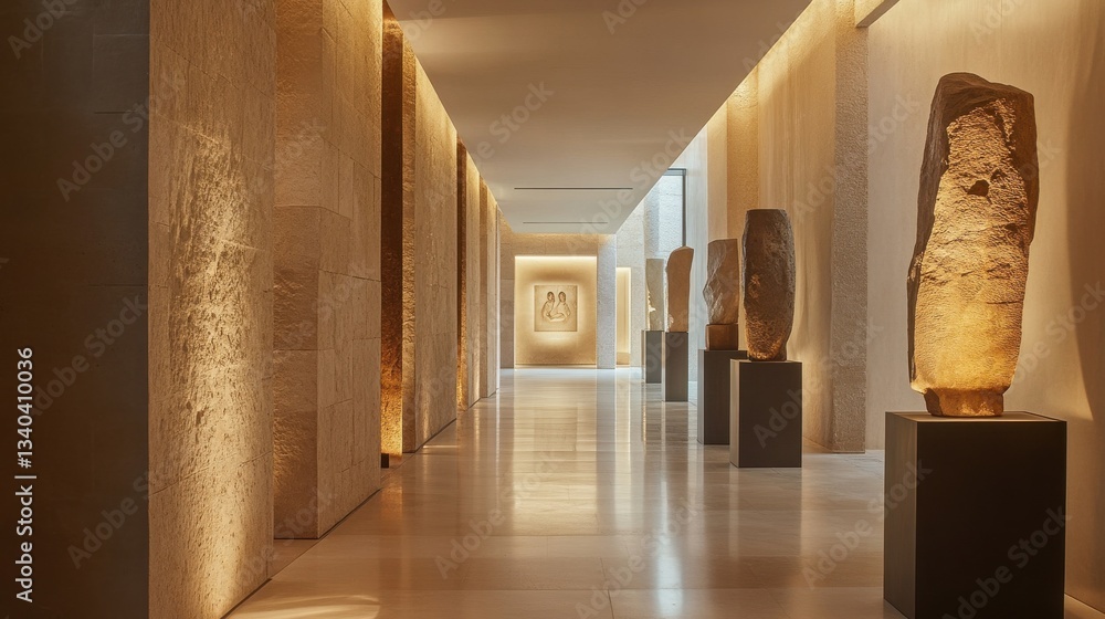 Poster hallway showcasing sculptural installations highlighted by soft lighting and minimalist design in an