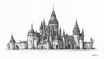 Fototapeta premium Meticulously Detailed European Castle Ink Drawing with Architectural Grandeur