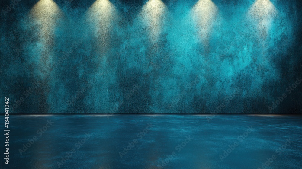 Poster dramatic teal wall with spotlights creating a moody atmosphere for product display or artistic rende