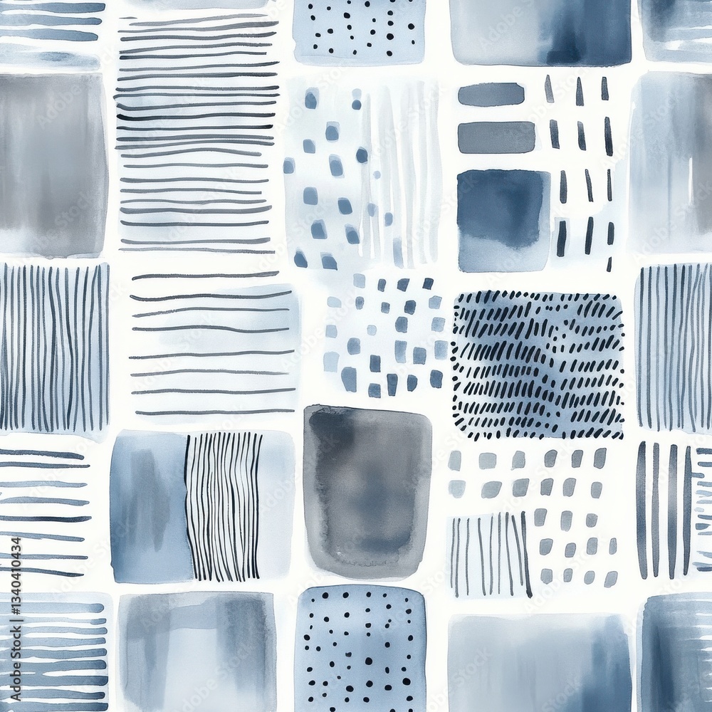 Poster abstract watercolor doodle pattern in soothing blue tones with various shapes and textures