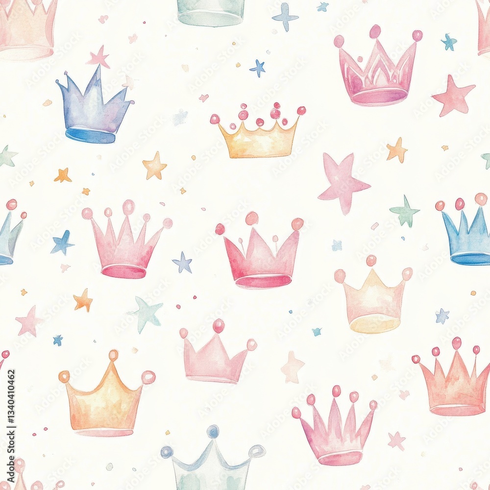 Poster charming watercolor doodles of crowns and stars create a whimsical pattern suitable for various desi