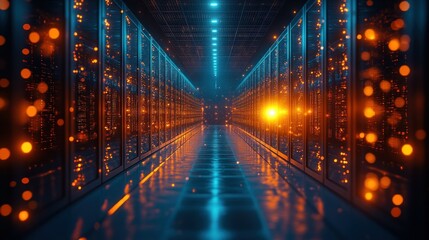 Futuristic server room, glowing with vibrant light, showcasing rows of powerful computer racks