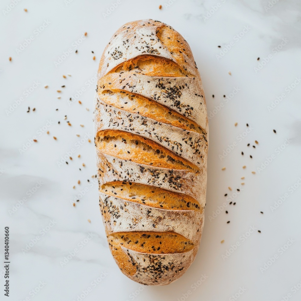 Poster freshly baked multigrain bread loaf with visible grains on a light background