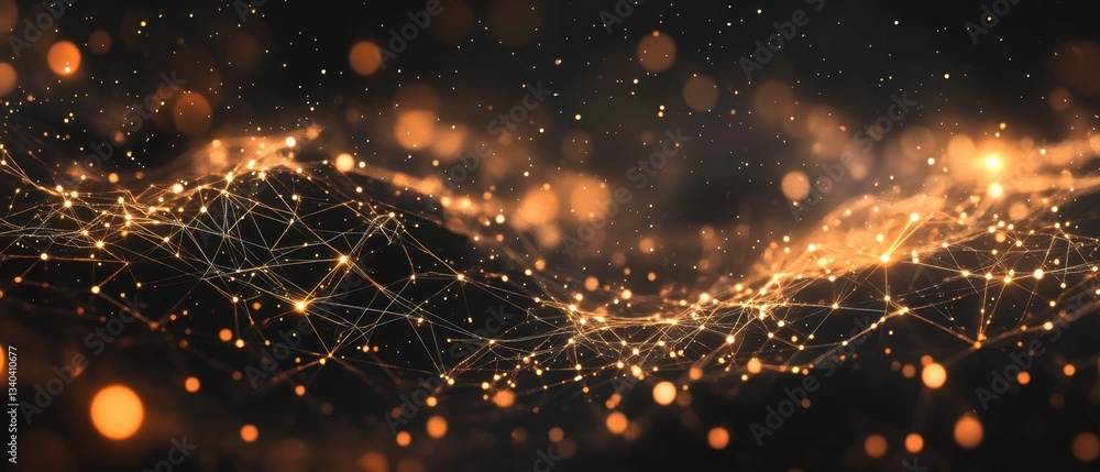 Poster abstract digital network with golden glowing nodes and connections on a dark background symbolizing 