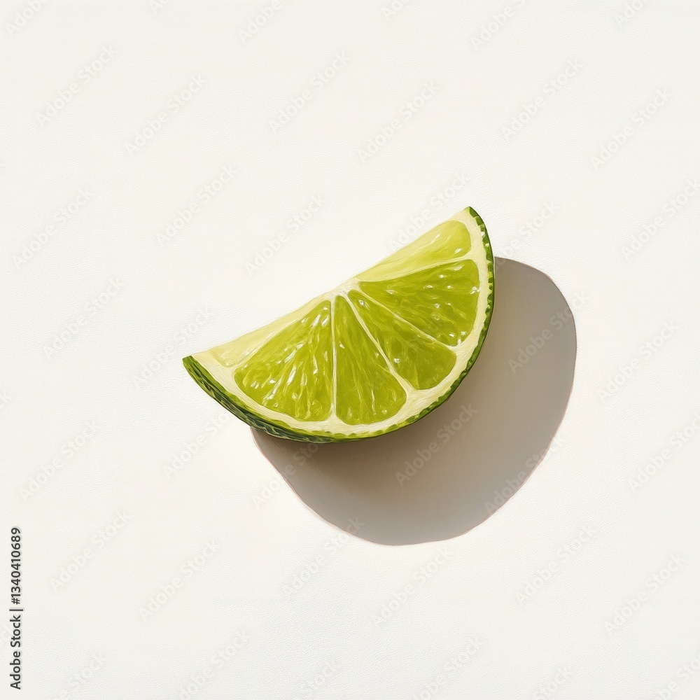 Poster fresh green lime wedge resting on a white surface, showcasing its vibrant color and rich texture