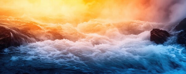 River rapids landscapes dramatic concept. Stunning sunset over tumultuous ocean waves highlighting nature's beauty and power.