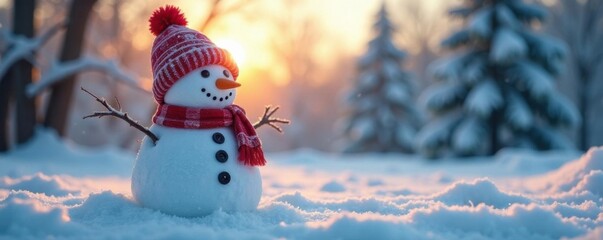 Frosty snowman against winter sky with sun behind, distant view, winter
