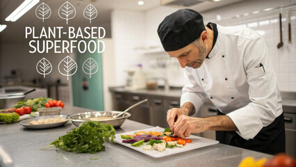 chef preparing gourmet vegan dish using fresh vegetables in professional kitchen