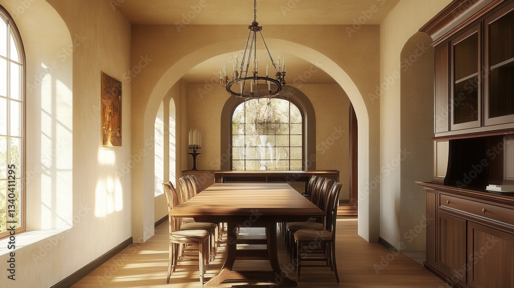 Poster Elegant dining area with arched architecture and natural light in a spacious setting