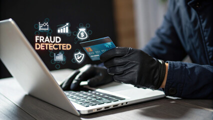 cybercriminal in black gloves holds stolen credit card while using laptop for fraud