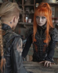 Fototapeta premium Alternative punk rock fashion young girl receives style advice from trendy store assistant