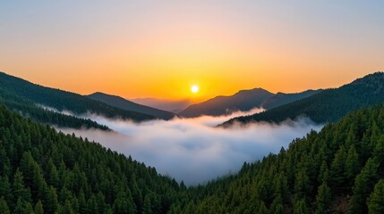 Obraz premium Mountain range landscapes concept. Stunning sunset over misty mountains, showcasing vibrant colors and lush greenery.