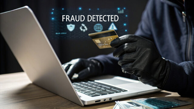 cybercriminal in black gloves holds stolen credit card near laptop, committing fraud - Powered by Adobe