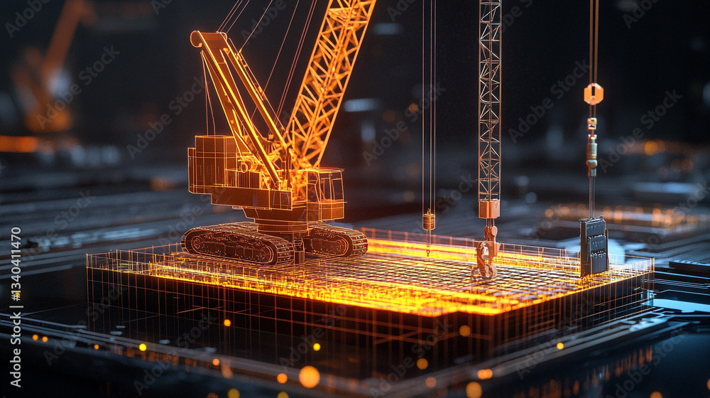 Aufkleber glowing wireframe rendering of a construction crane on a grid surface with dark background and bokeh