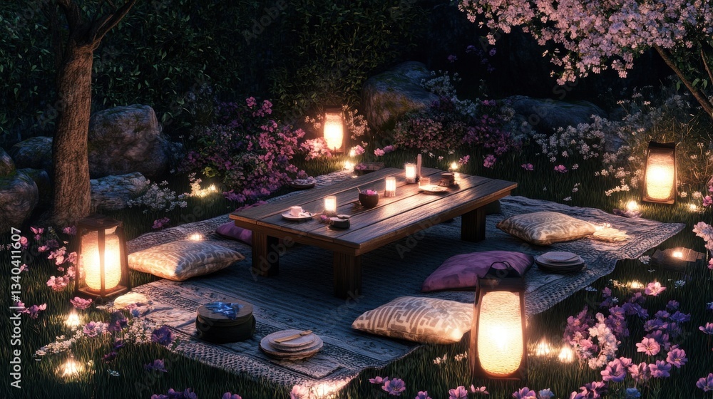 Poster cozy spring picnic setup with cushions and soft lighting, surrounded by blooming flowers in a tranqu