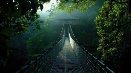 Fototapeta premium Treehouse in the woods landscapes idea. A serene suspension bridge nestled in lush green foliage, surrounded by misty nature.