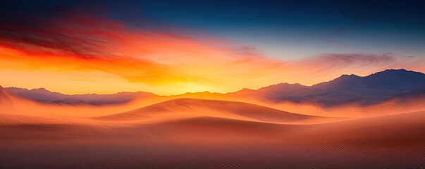Fototapeta premium National park scenic landscapes idea. Stunning sunset over vast mountains with vibrant colors and soft mist enveloping scenery.