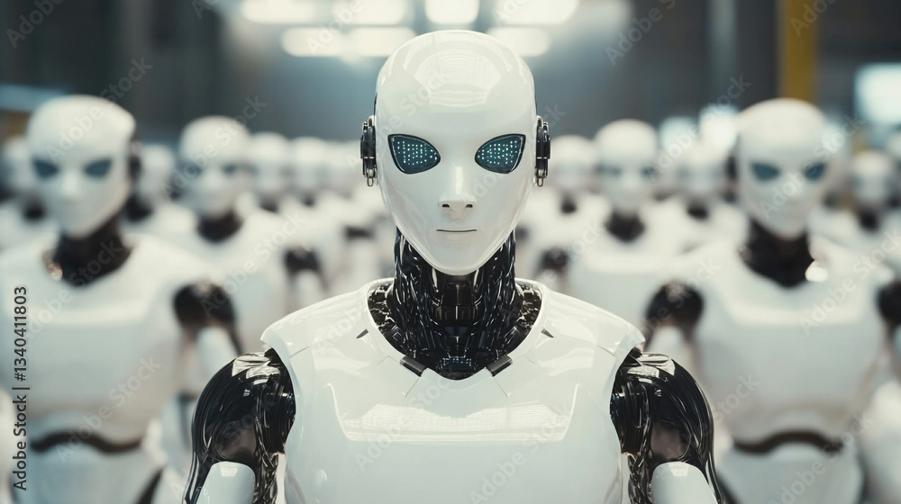Poster a close up shot of a humanoid robot with a crowd of similar robots in the background in a factory