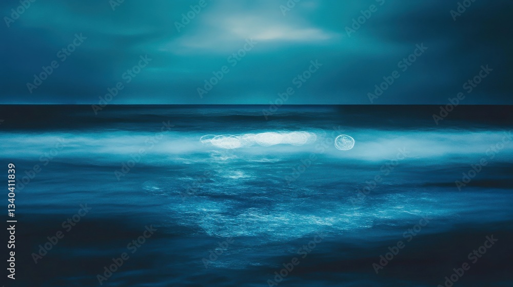 Fototapete bokeh effect creates mesmerizing aqua and indigo patterns over the ocean at twilight
