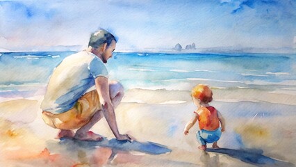 Watercolor painting of father and child enjoying a day at the beach, bathed in soft light and gentle colors near the ocean