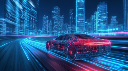 Fototapeta premium Futuristic car driving through a neon lit city with glowing buildings and a vibrant atmosphere
