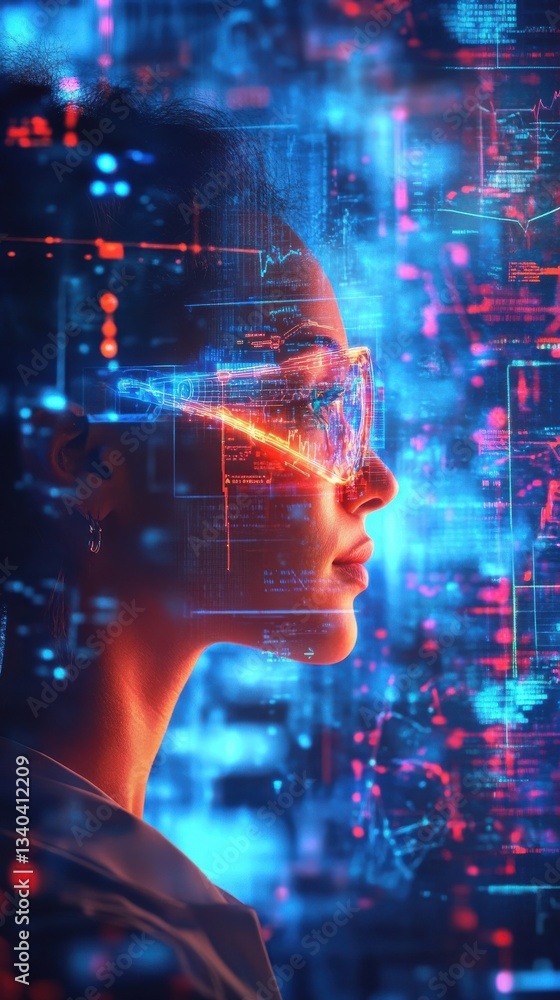 Poster scientist immersed in glowing data analysis set against a vibrant technological backdrop