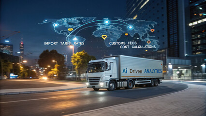 AI driven logistics truck on city road at night with digital data overlay