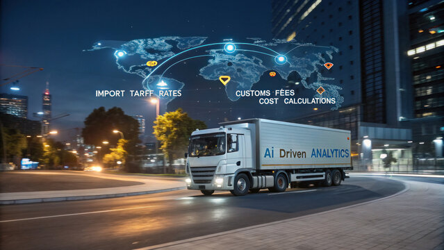 AI driven logistics truck on city road at night with digital data overlay