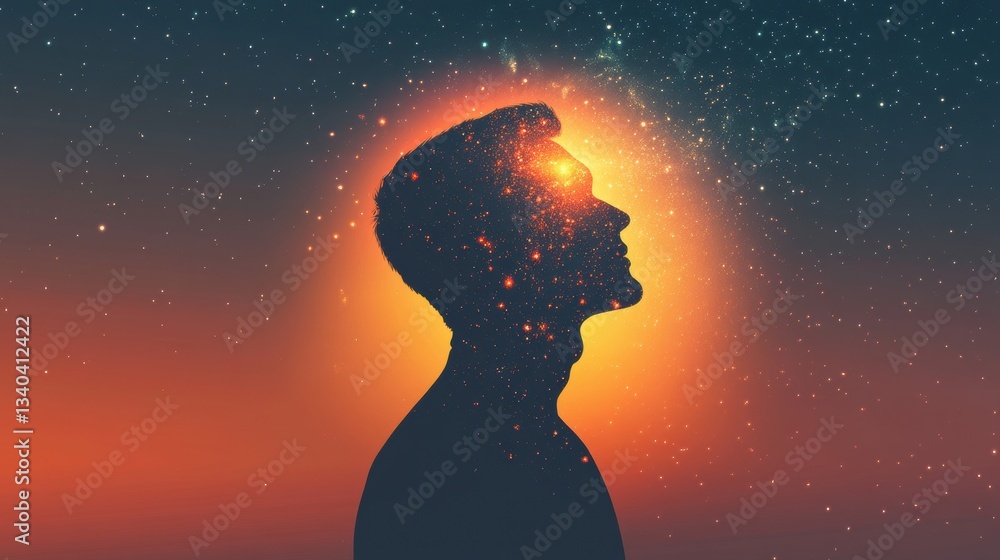 Poster man glowing with cosmic energy against a vibrant starry background during twilight hours