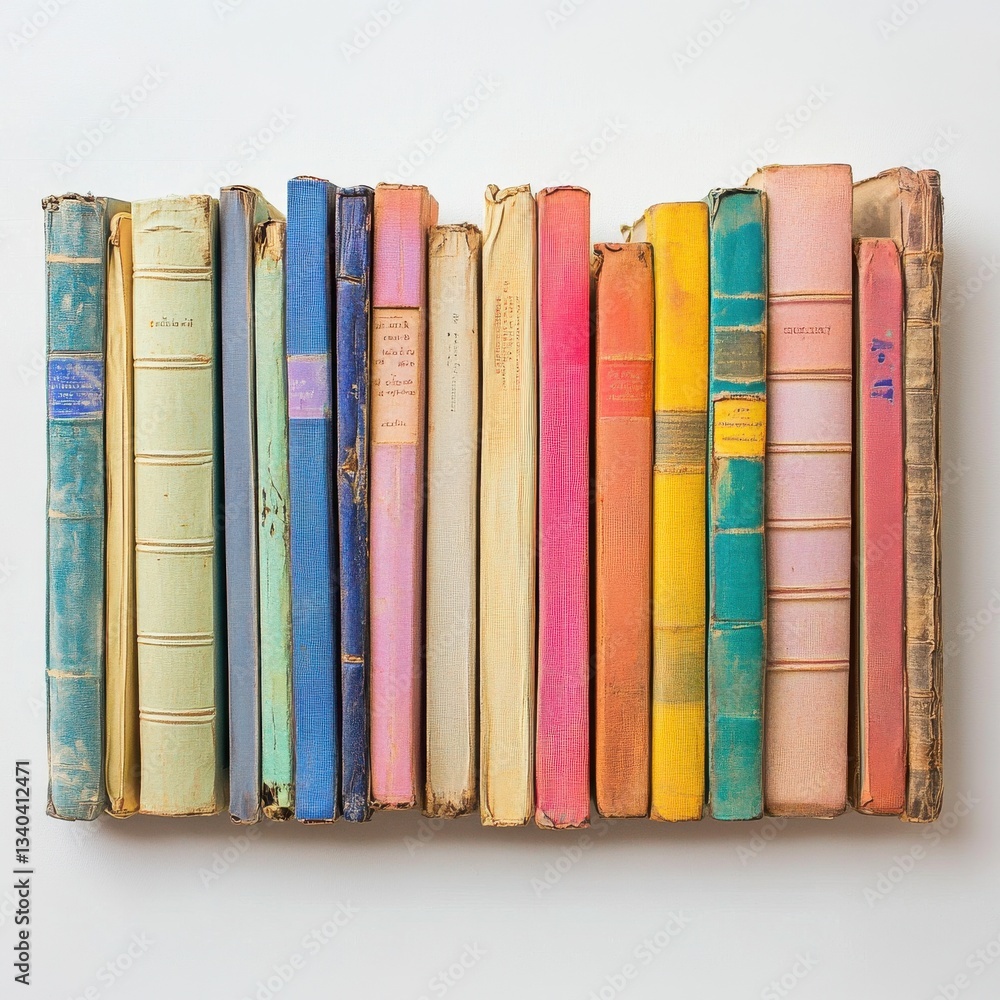 Poster colorful stack of hardcover books arranged neatly on a light background for a cheerful display