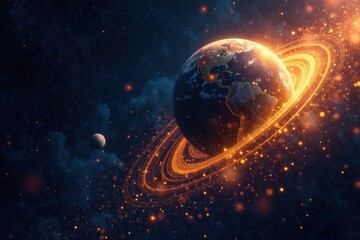 Gold glitter swirl in a dark space with stars and planets , Glitter, Planets