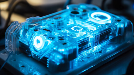 A close up of a translucent blue electronic device with glowing lights and circuit details showing
