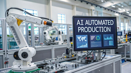 AI automated production line with robotic arm assembling electronics in smart factory