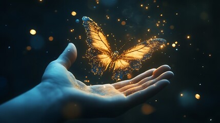 Fototapeta premium Magical Glowing Butterfly Hovering Above an Open Hand in a Mystical Atmosphere