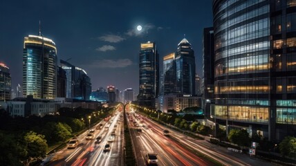 Obraz premium Night cityscape, city lights, highway traffic, moon, modern architecture