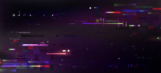 Pixel glitch effect background - colorful distorted digital noise, random horizontal lines, strips, blocks. Retro futuristic design, abstract glitched texture for web pages. Neon colors on dark. © klyaksun