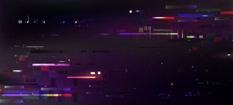 Pixel glitch effect background - colorful distorted digital noise, random horizontal lines, strips, blocks. Retro futuristic design, abstract glitched texture for web pages. Neon colors on dark.