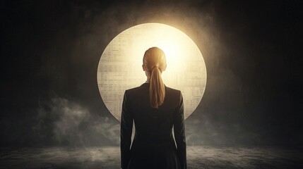 economic risk, market volatility and global economy concept. Silhouette of a person facing a large, glowing circular light.