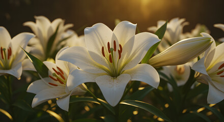 Obraz premium Blooming White Lilies Glowing in Sunlight with Green Leaves