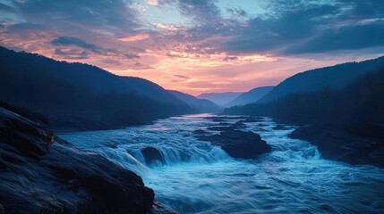 Fototapeta premium River rapids landscapes dramatic concept. A breathtaking view of a river flowing through majestic hills at sunset.