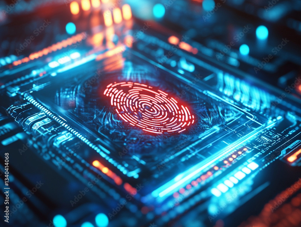 Poster glowing red fingerprint on a blue circuit board representing biometric security and technology conce