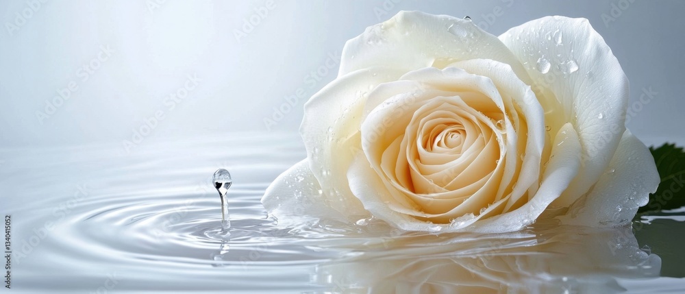 Poster serene white rose floating on water with a gentle droplet creating ripples in a minimalist compositi