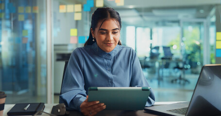 Business, tablet and woman with online reading, connection and website info with social media....