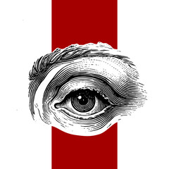 detailed black and white line art illustration of a human eye, rendered in a style reminiscent of vintage engravings or woodcuts. The eye is depicted with great precision.
