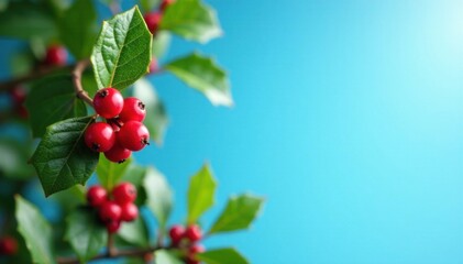 Fototapeta premium Holly berries and festive holly leaves against a bright blue sky, christmas, background, winter