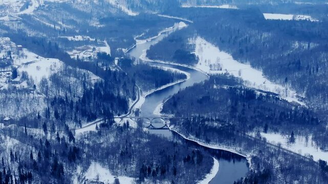 Aerial drone shot reveals the frozen beauty of Sigulda&rsquo;s winter valley and river